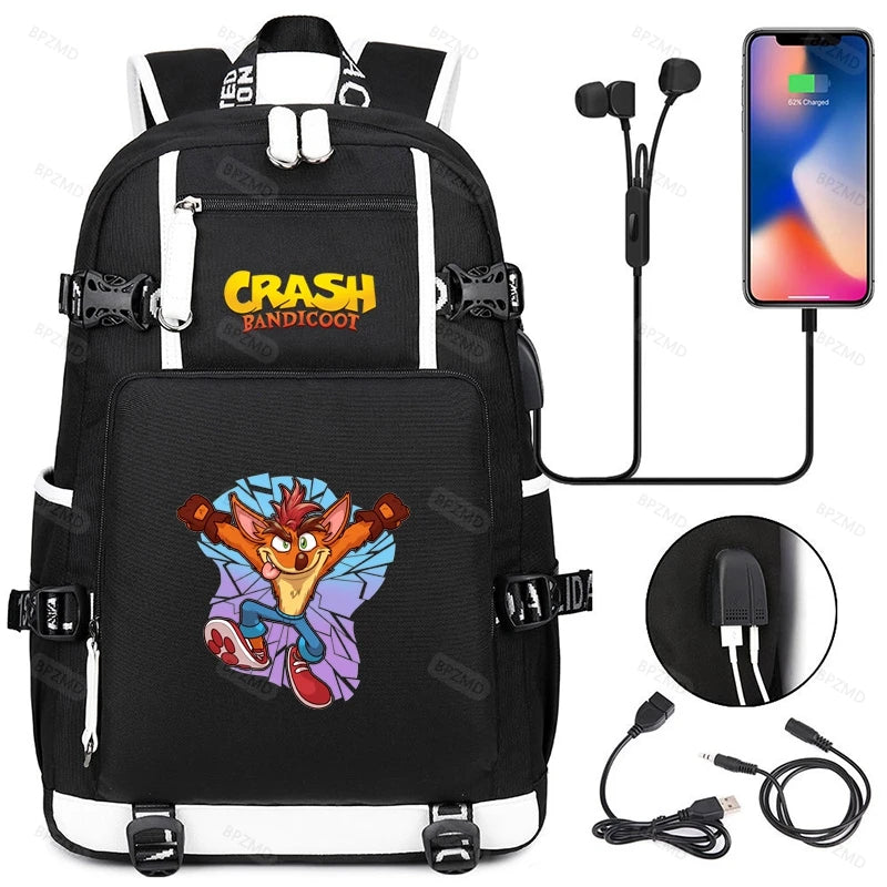 Crash Bandicoot Backpack for School Teens, Charging Port, Laptop Travel Bag