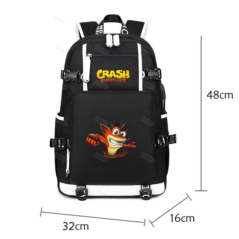 Crash Bandicoot Backpack for School Teens, Charging Port, Laptop Travel Bag