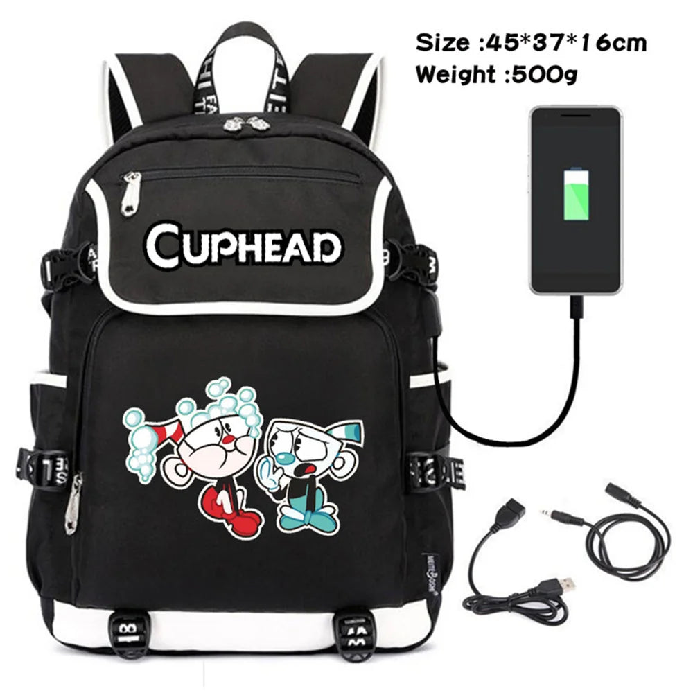 Cuphead Mugman Canvas Backpack Schoolbag USB Charging Travel Laptop Bag