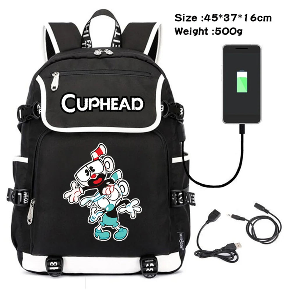 Cuphead Mugman Canvas Backpack Schoolbag USB Charging Travel Laptop Bag