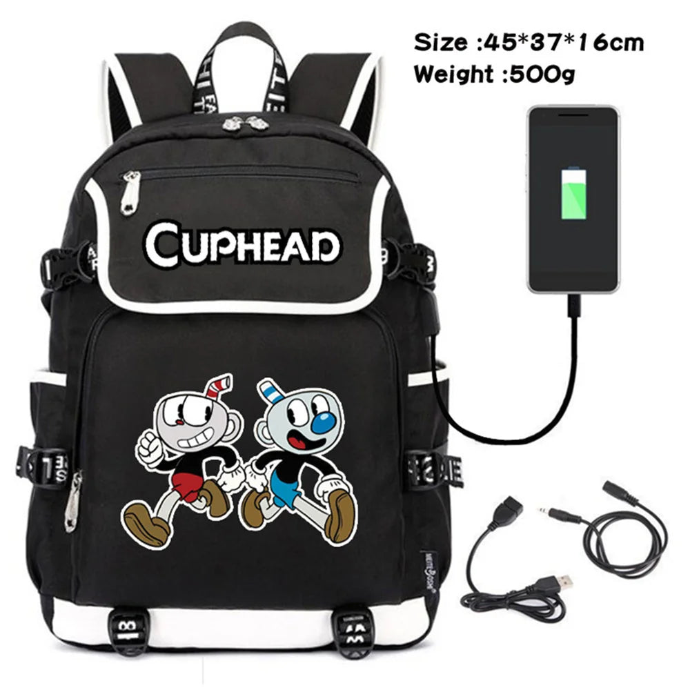 Cuphead Mugman Canvas Backpack Schoolbag USB Charging Travel Laptop Bag