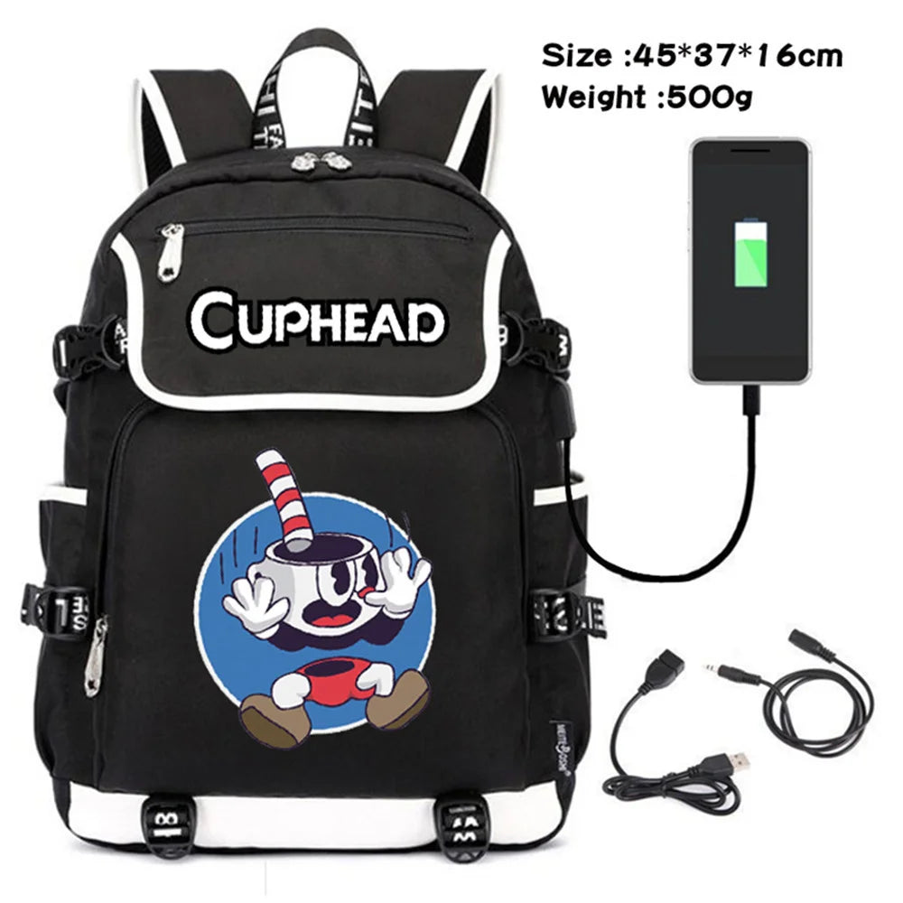 Cuphead Mugman Canvas Backpack Schoolbag USB Charging Travel Laptop Bag