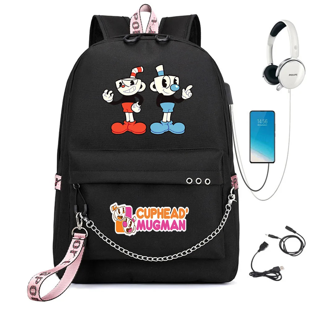Cuphead Nylon Print Backpack Schoolbag with USB Charge