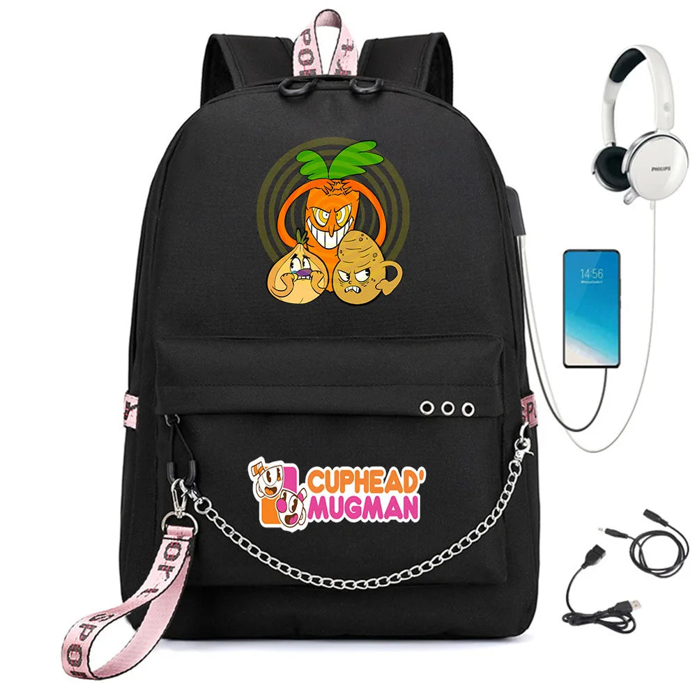 Cuphead Nylon Print Backpack Schoolbag with USB Charge
