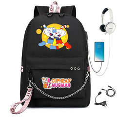 Cuphead Print Backpack USB Charging Headphone Teenagers Student Schoolbag