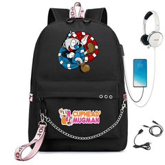 Cuphead Print Backpack USB Charging Headphone Teenagers Student Schoolbag