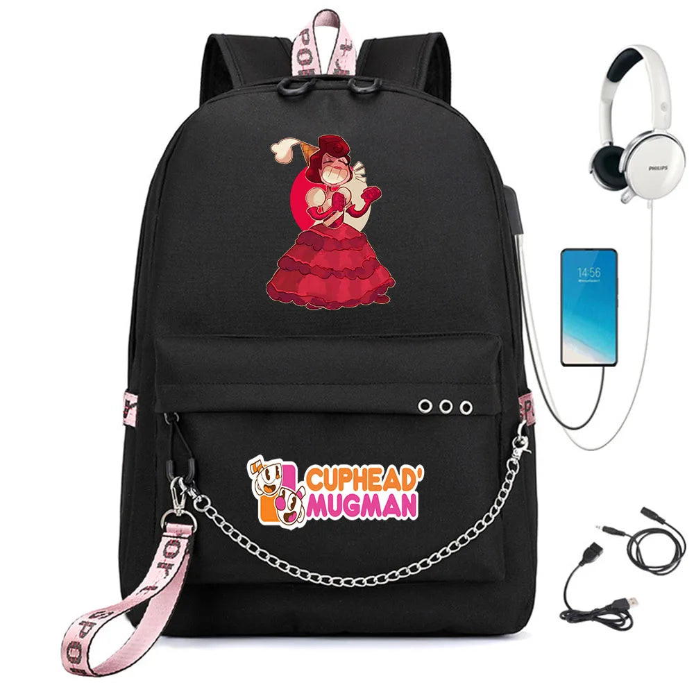 Cuphead Print Backpack USB Charging Headphone Teenagers Student Schoolbag