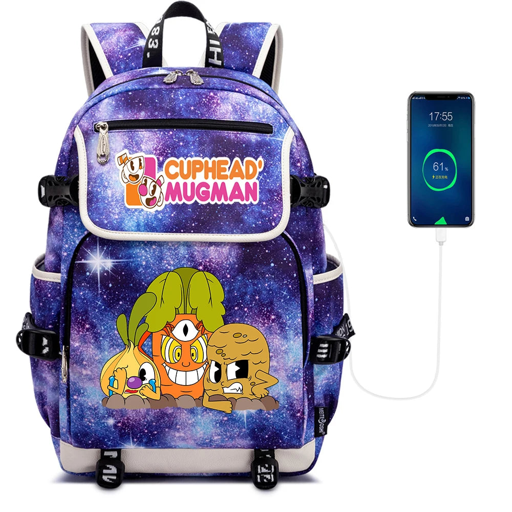 Cuphead Print Backpack USB Charging Knapsack Unisex Packsack