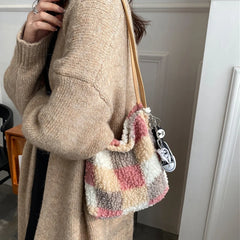 Geestock Plaid Lamb Plush Bag Women Bag Winter And Autumn Plush Furry Lady Handb