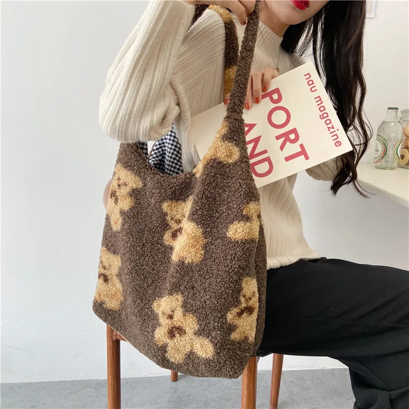 Geestock Lamb Fabric Fluffy Shopper Shoulder Bag for Girls