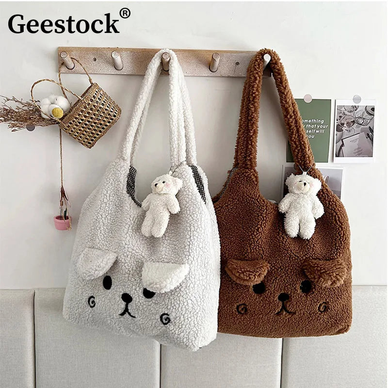 Geestock Winter Plush Bag Cartoon Embroidery Lamb Hair Shoulder Bags