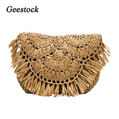 Geestock Summer Beach Bag for Women Tassels Straw Rattan Shoulder Bags