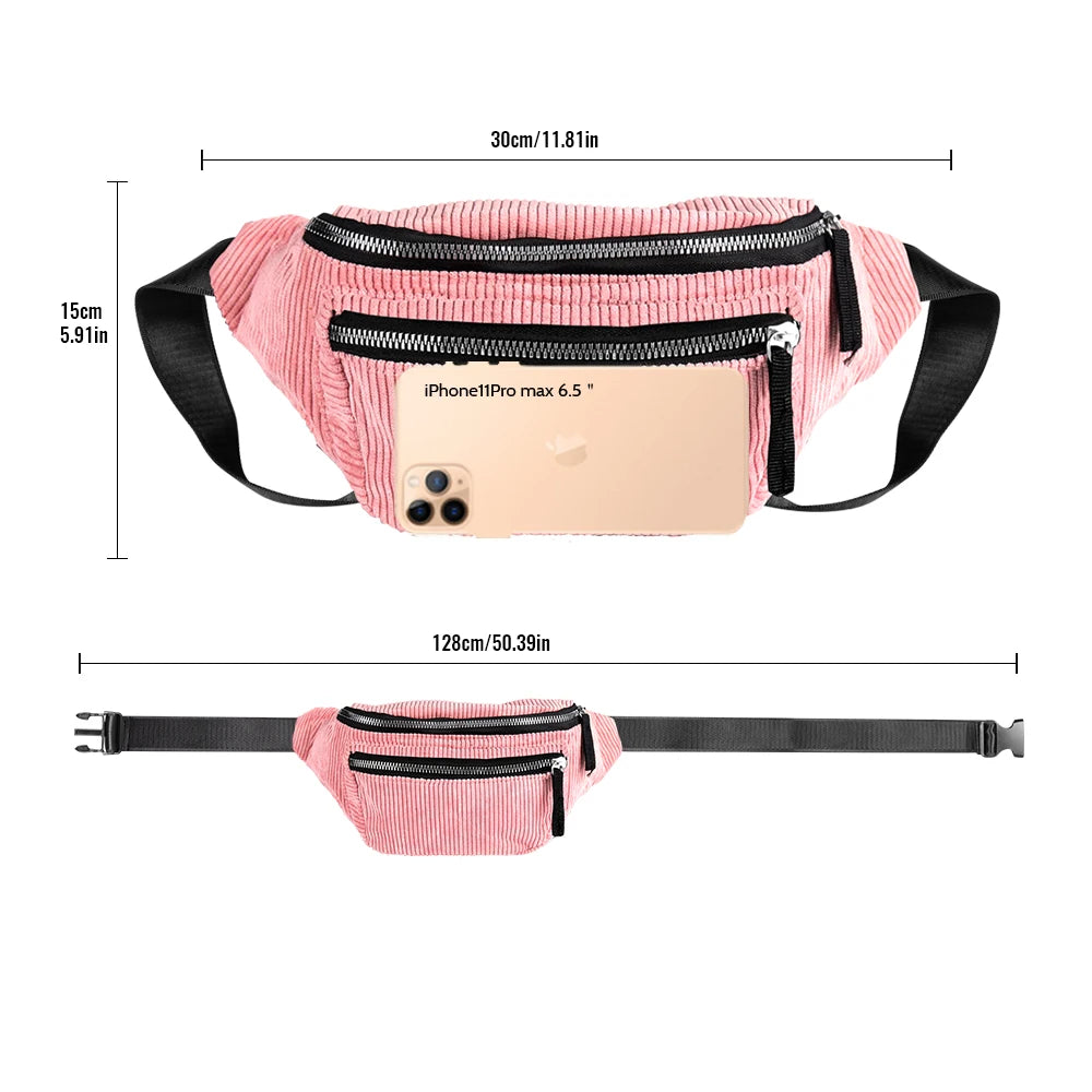Geestock Corduroy Fanny Pack Zipper Travel Waist Bag