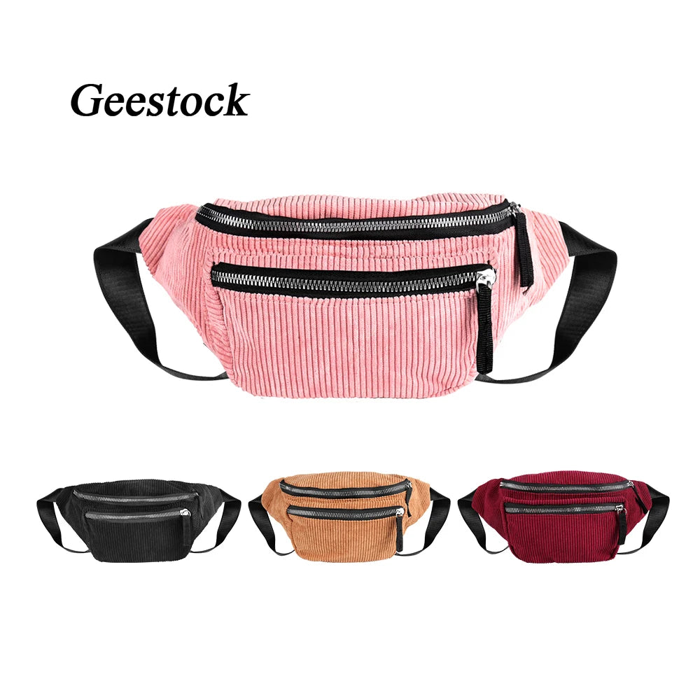 Geestock Corduroy Fanny Pack Zipper Travel Waist Bag