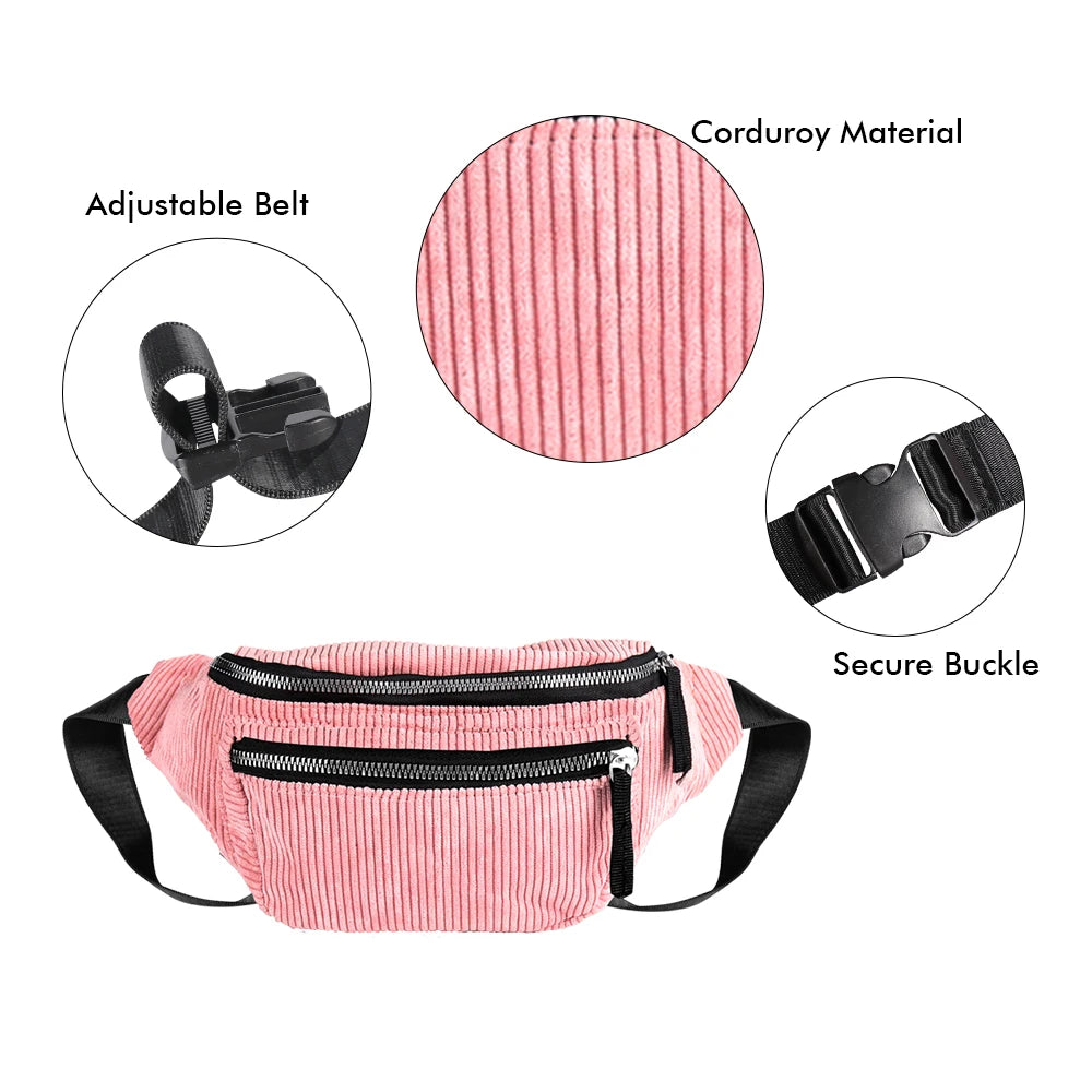 Geestock Corduroy Fanny Pack Zipper Travel Waist Bag