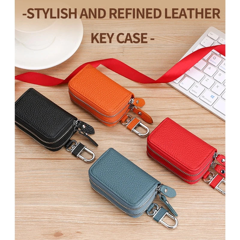 Cow Leather Home Car Keys' Bag Double Pocket Zipper Earth Yellow