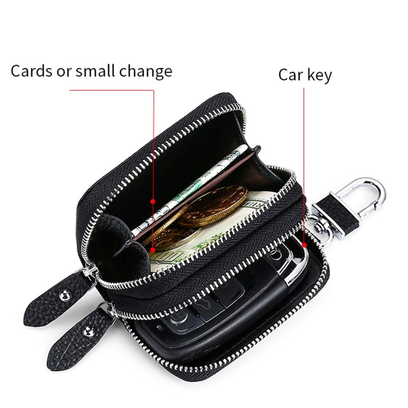 Cow Leather Home Car Keys' Bag Double Pocket Zipper Earth Yellow