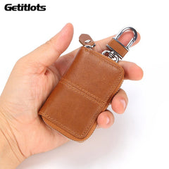 Leather Car Key Holder Key Organizer Zipper Retro Keychain Purse