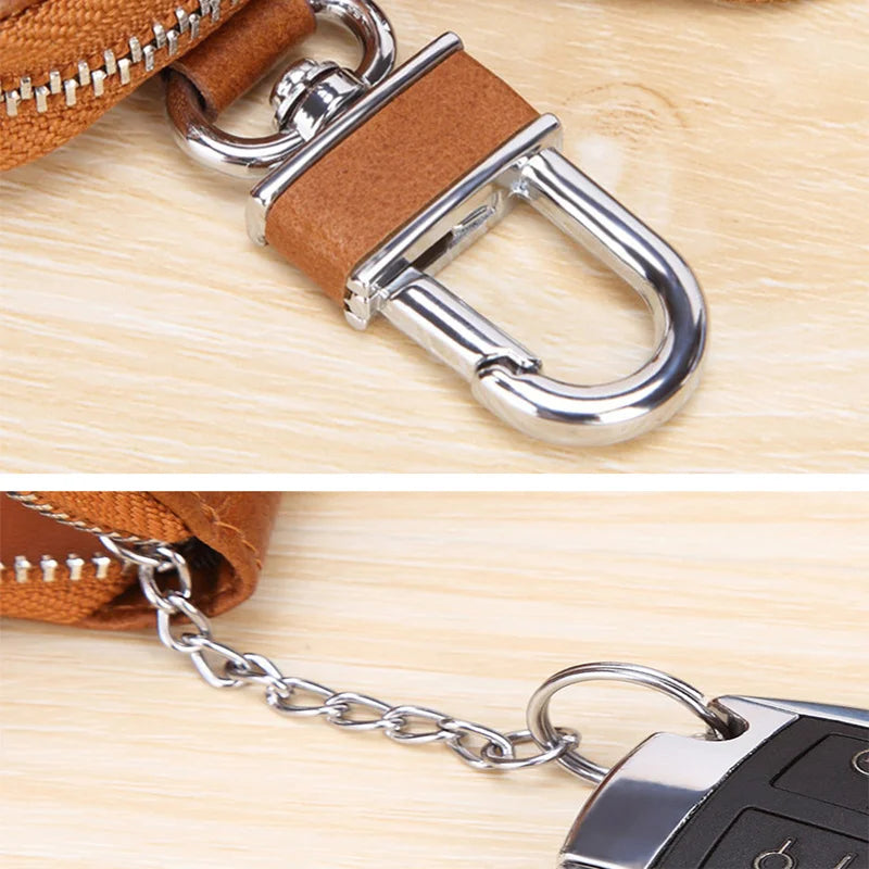 Leather Car Key Holder Key Organizer Zipper Retro Keychain Purse