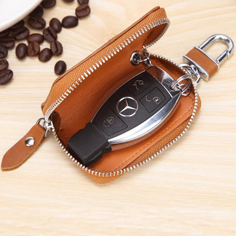 Leather Car Key Holder Key Organizer Zipper Retro Keychain Purse