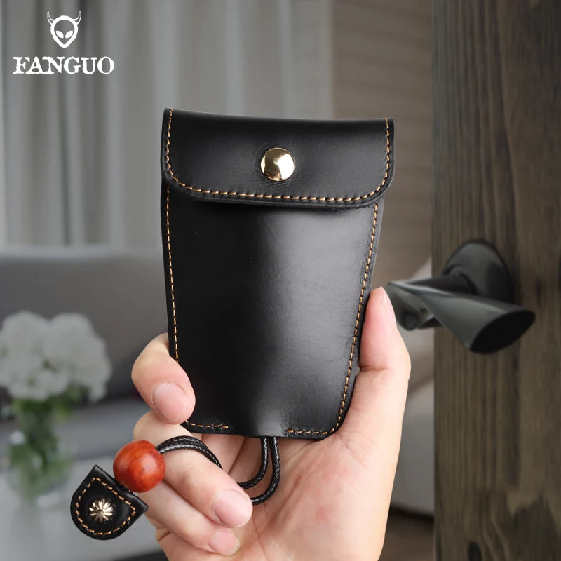 Retro Cow Leather Key Pouch - Elastic Keychain Holder