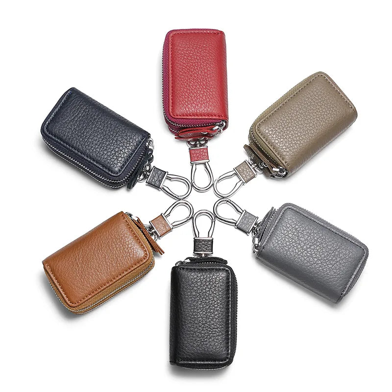 Leather Key Wallets Unisex Key Bag Double Zipper Keychain Case