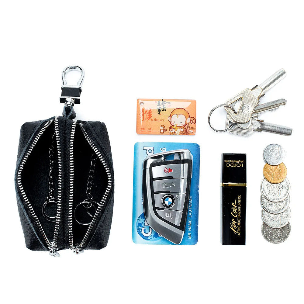 Leather Key Wallet Unisex Key Bag Double Zipper Keychain Case