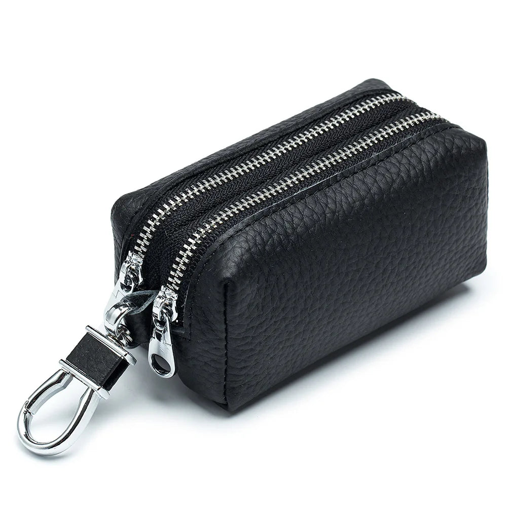 Leather Key Wallet Unisex Key Bag Double Zipper Keychain Case