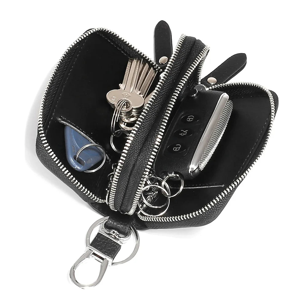 Unisex Leather Key Wallets Double Zipper Keychain Case