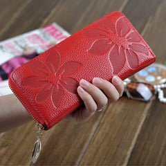 Flower Embossed Cowhide Long Wallet Zipper Clutch Bag for Women