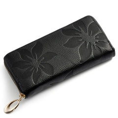Flower Embossed Cowhide Long Wallet Zipper Clutch Bag for Women