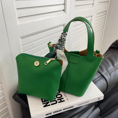 Real Leather Lychee Handbag Cowhide Texture Matching Basket Women Bucket Bag