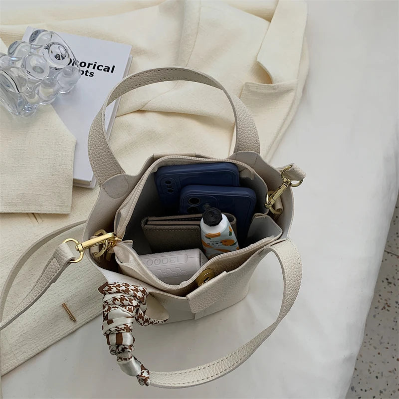 Real Leather Lychee Handbag Cowhide Texture Matching Basket Women Bucket Bag
