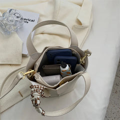 Real Leather Lychee Handbag Cowhide Texture Matching Basket Women Bucket Bag