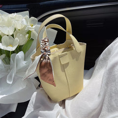 Real Leather Lychee Handbag Cowhide Texture Matching Basket Women Bucket Bag