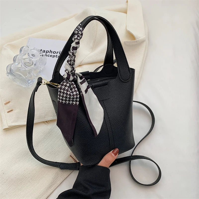 Real Leather Lychee Handbag Cowhide Texture Matching Basket Women Bucket Bag