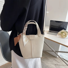 Real Leather Lychee Handbag Cowhide Texture Matching Basket Women Bucket Bag