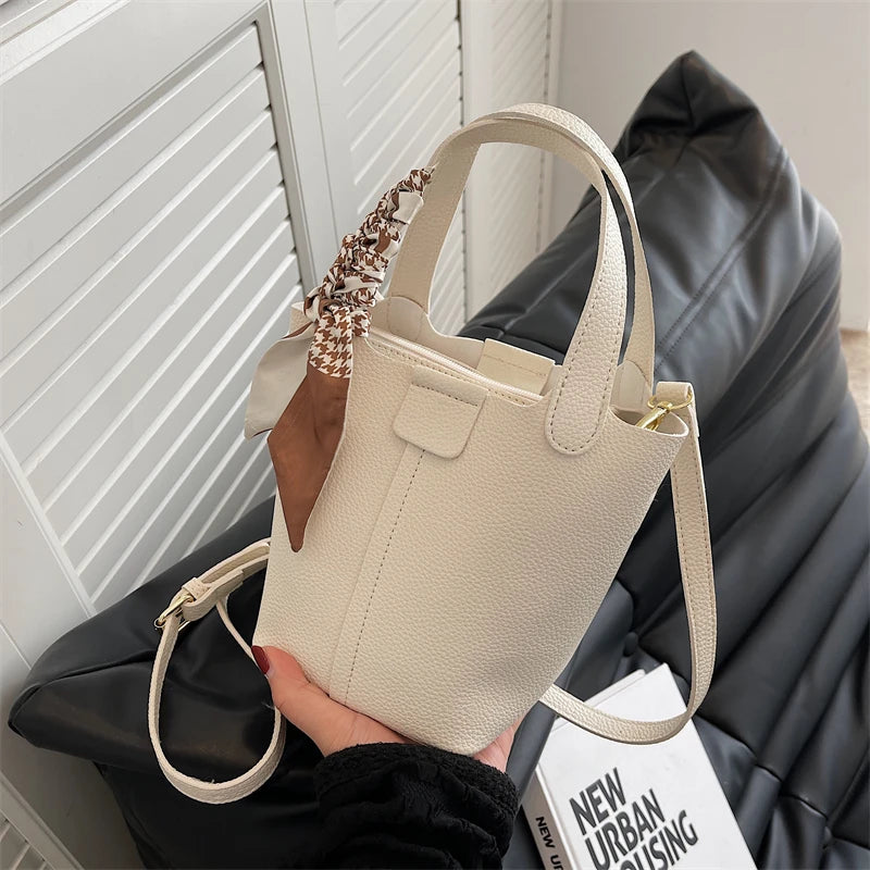 Real Leather Lychee Handbag Cowhide Texture Matching Basket Women Bucket Bag