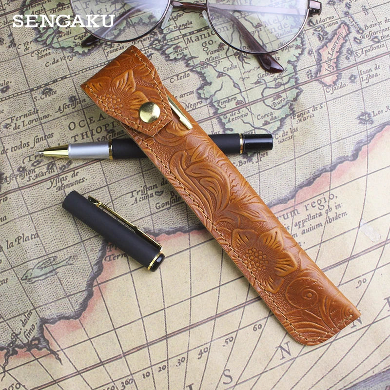 Leather Pen Case Cover Cowhide Pencil Pocket Portable Storage Pen Pouch Pencil B