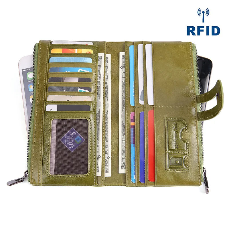 RFID Leather Purse Women Zipper Wallet Long Ladies Clutches