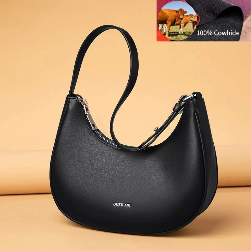 Leather Underarm Women Shoulder Bag Crossbody Bag Cowhide Half Moon Handbags