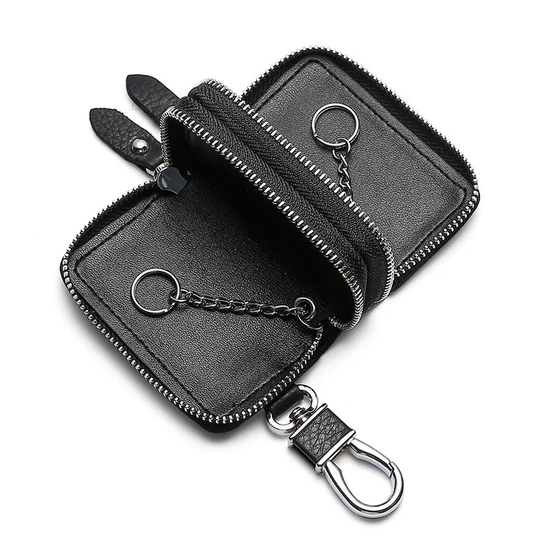 Leather Key Holder Double Zipper Home Organizer Men Women Case