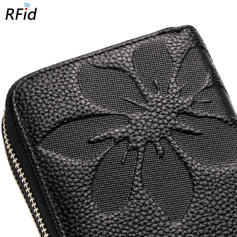 Women's Double Zipper Long Wallet Debossed Flower Purse