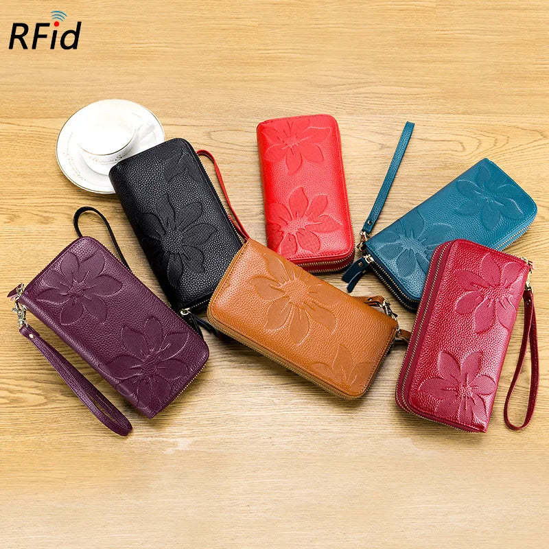 Women's Double Zipper Long Wallet Debossed Flower Purse