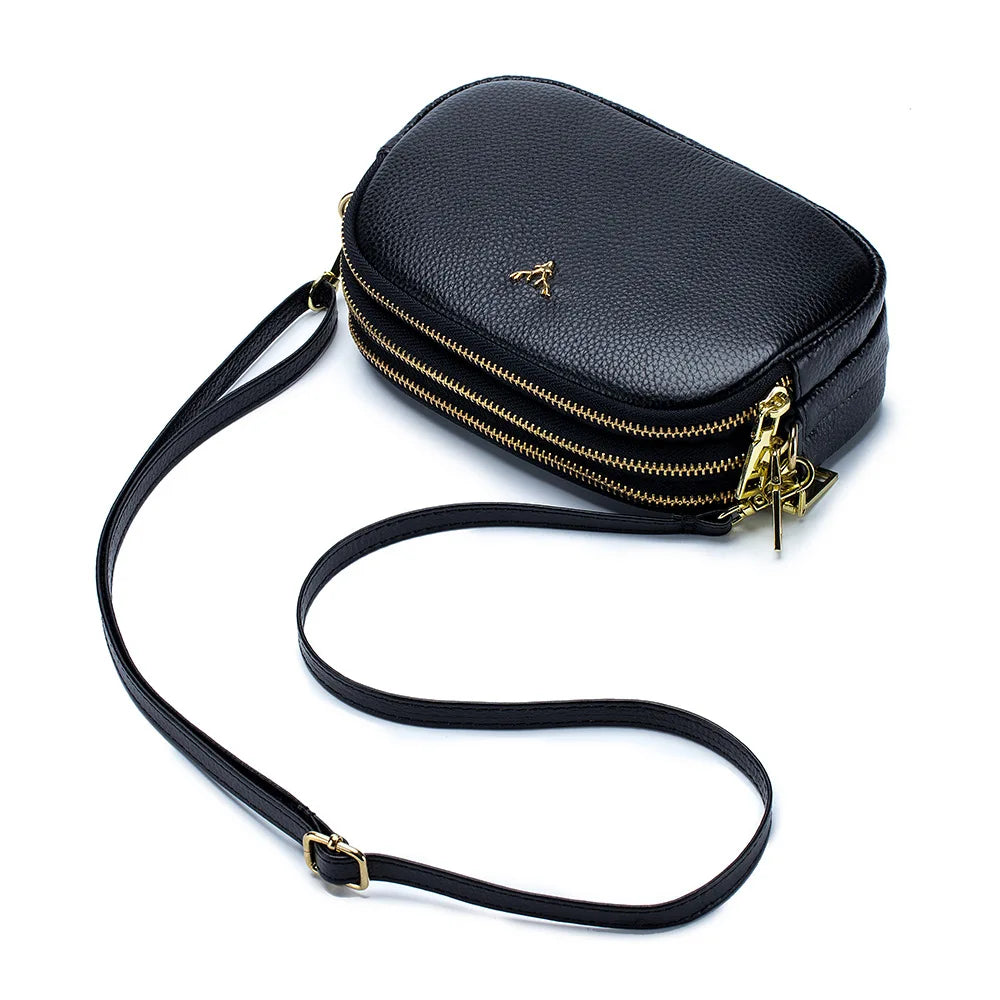 Leather Women Crossbody Bags Small 3 Layer Zipper Female Messenger Bag