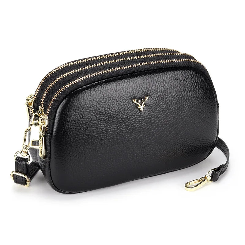 Leather Women Crossbody Bags Small 3 Layer Zipper Female Messenger Bag