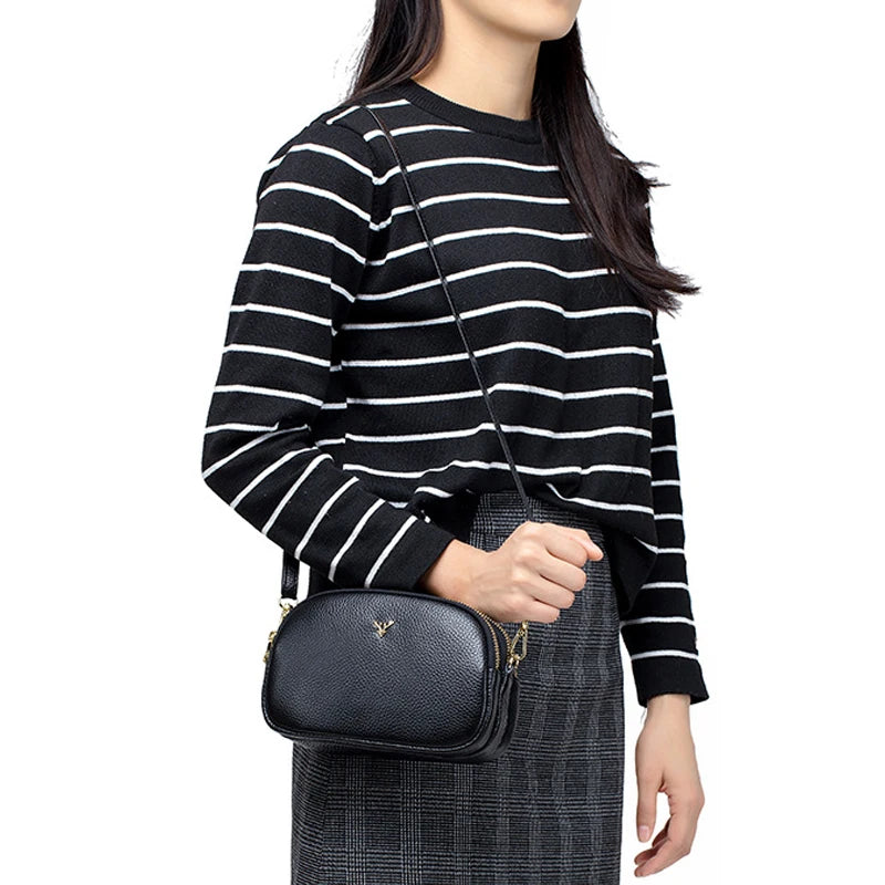 Leather Women Crossbody Bags Small 3 Layer Zipper Female Messenger Bag