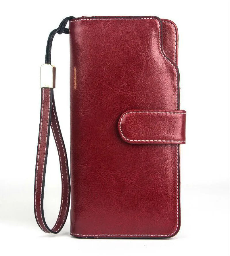 Oil Wax Leather Women Wallet Long Purse with Coin Pocket