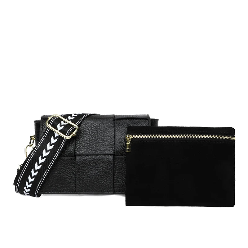 Woven Cow Leather Crossbody Bag Wide Straps Handbags