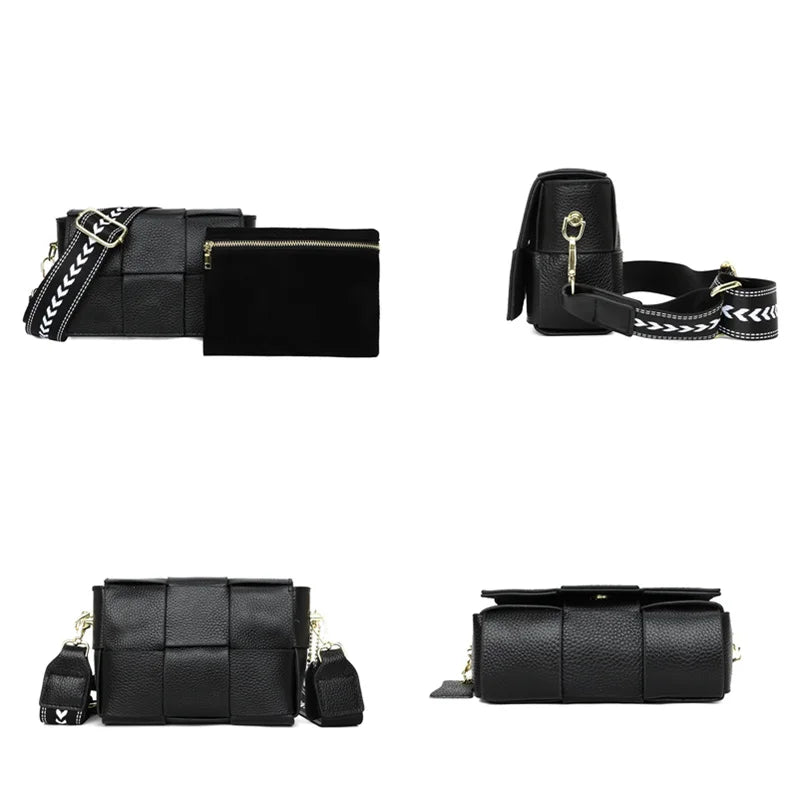Woven Cow Leather Crossbody Bag Wide Straps Handbags